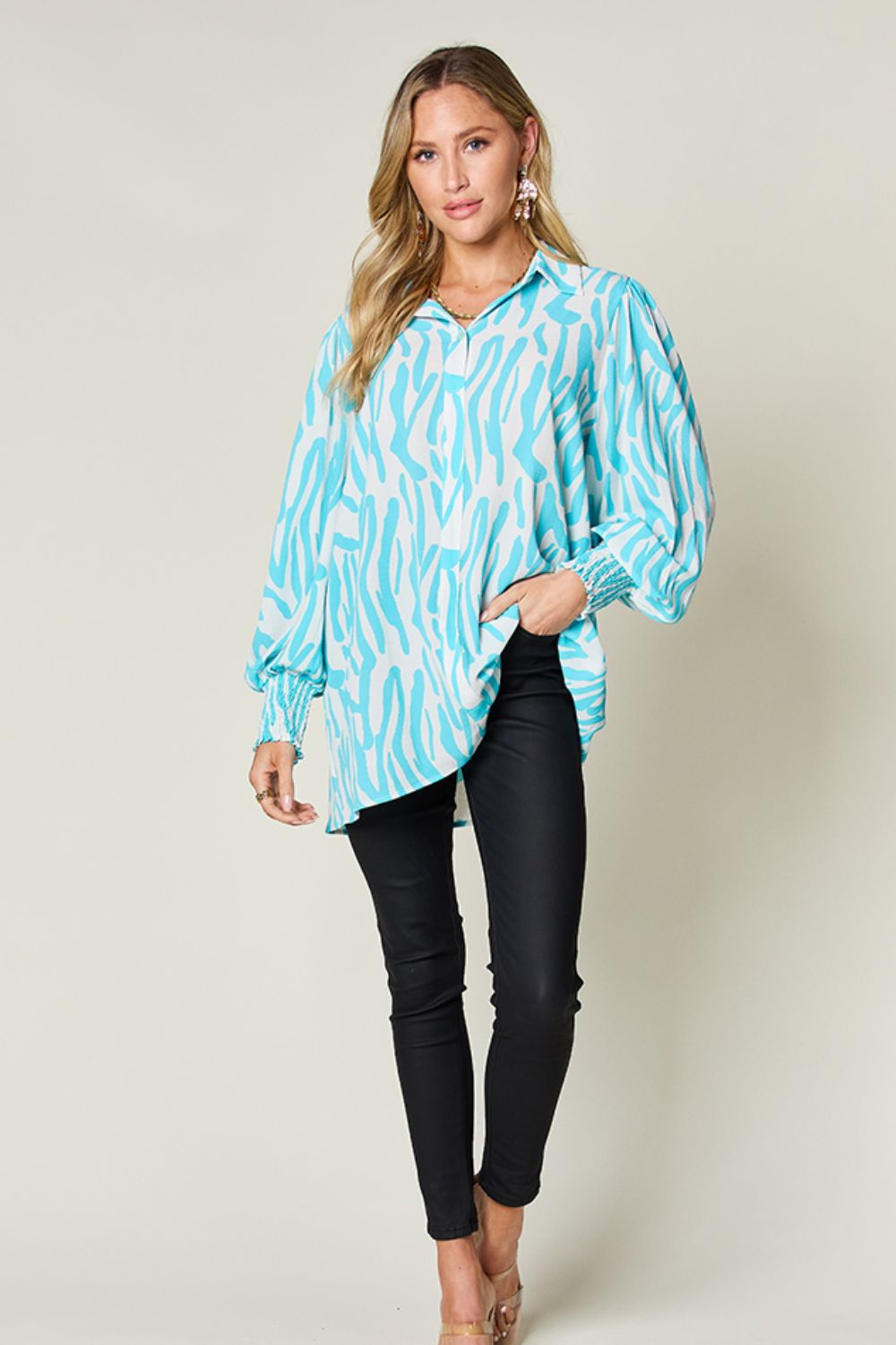 Double Take Full Size Printed Smocked Long Sleeve Blouse Trendsi