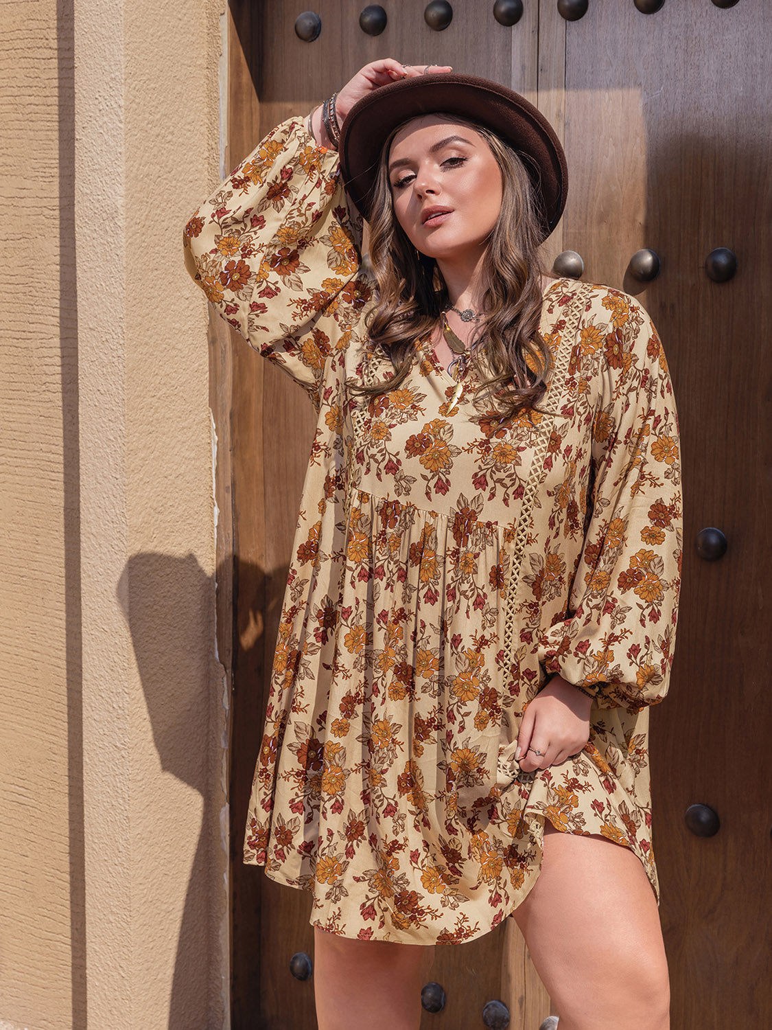 Plus Size Printed V-Neck Balloon Sleeve Mini Dress Trendsi