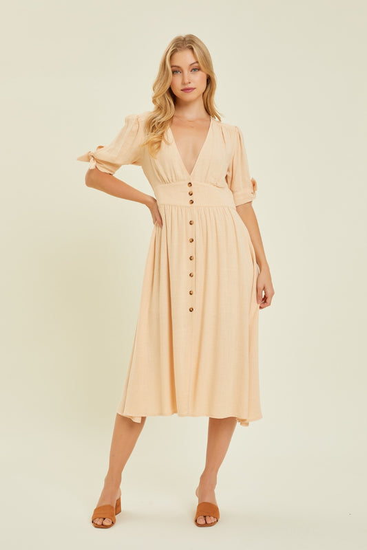 HEYSON Full Size Textured Linen V-Neck Button-Down Midi Dress Trendsi