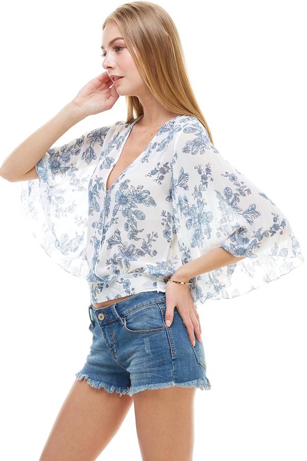 LONG SLEEVE SURPLICE FLORAL TOP Indigo Arrowwood