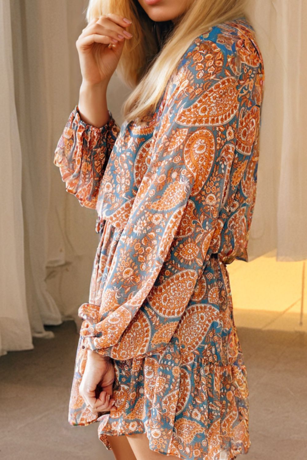 Ruffle Hem Printed Long Sleeve Dress Trendsi