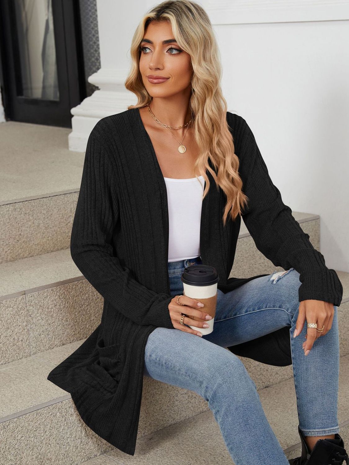 Pocketed Open Front Long Sleeve Cardigan Trendsi