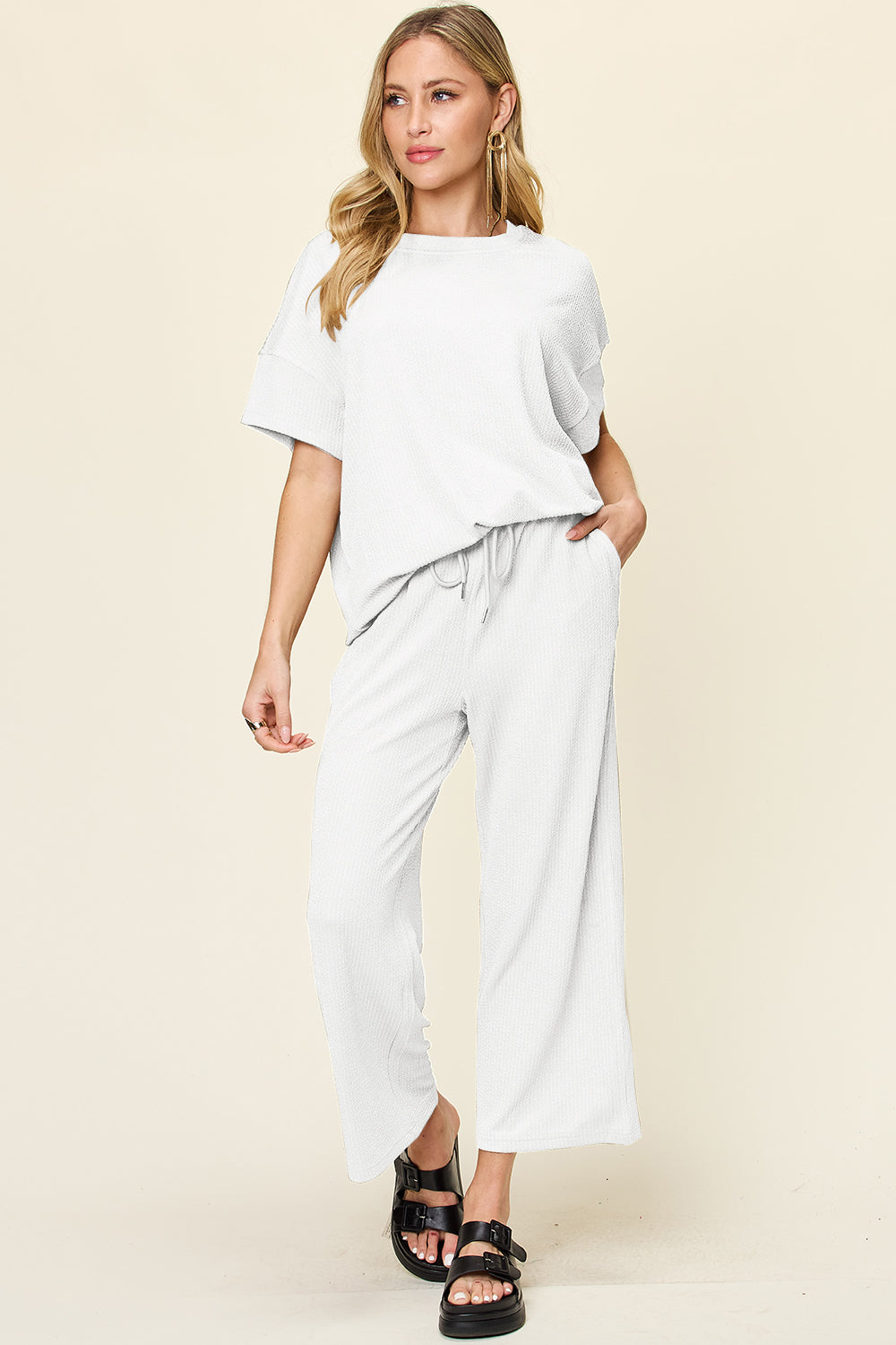 Double Take Full Size Texture Round Neck Short Sleeve T-Shirt and Wide Leg Pants Trendsi