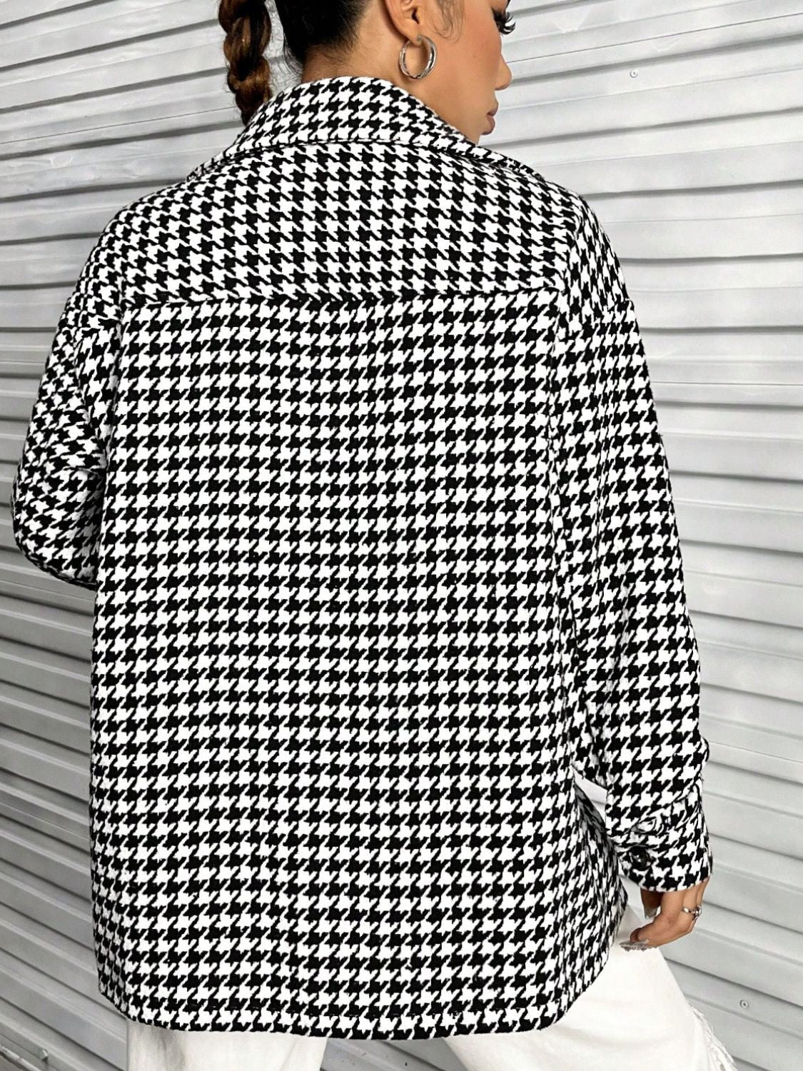 Houndstooth Button Down Long Sleeve Shacket Coral Vanilla