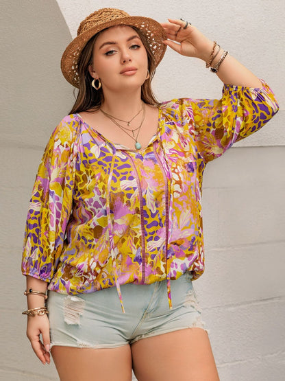 Plus Size Printed Tie Neck Blouse Trendsi