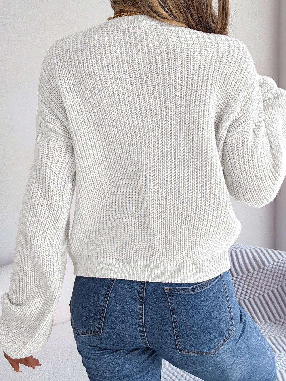 Cable-Knit Round Neck Drop Shoulder Sweater Trendsi