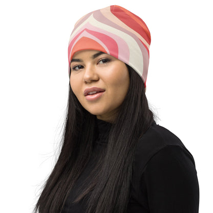 Double-layered Beanie Hat Pink White Boho Swirl Lines Grey Coco