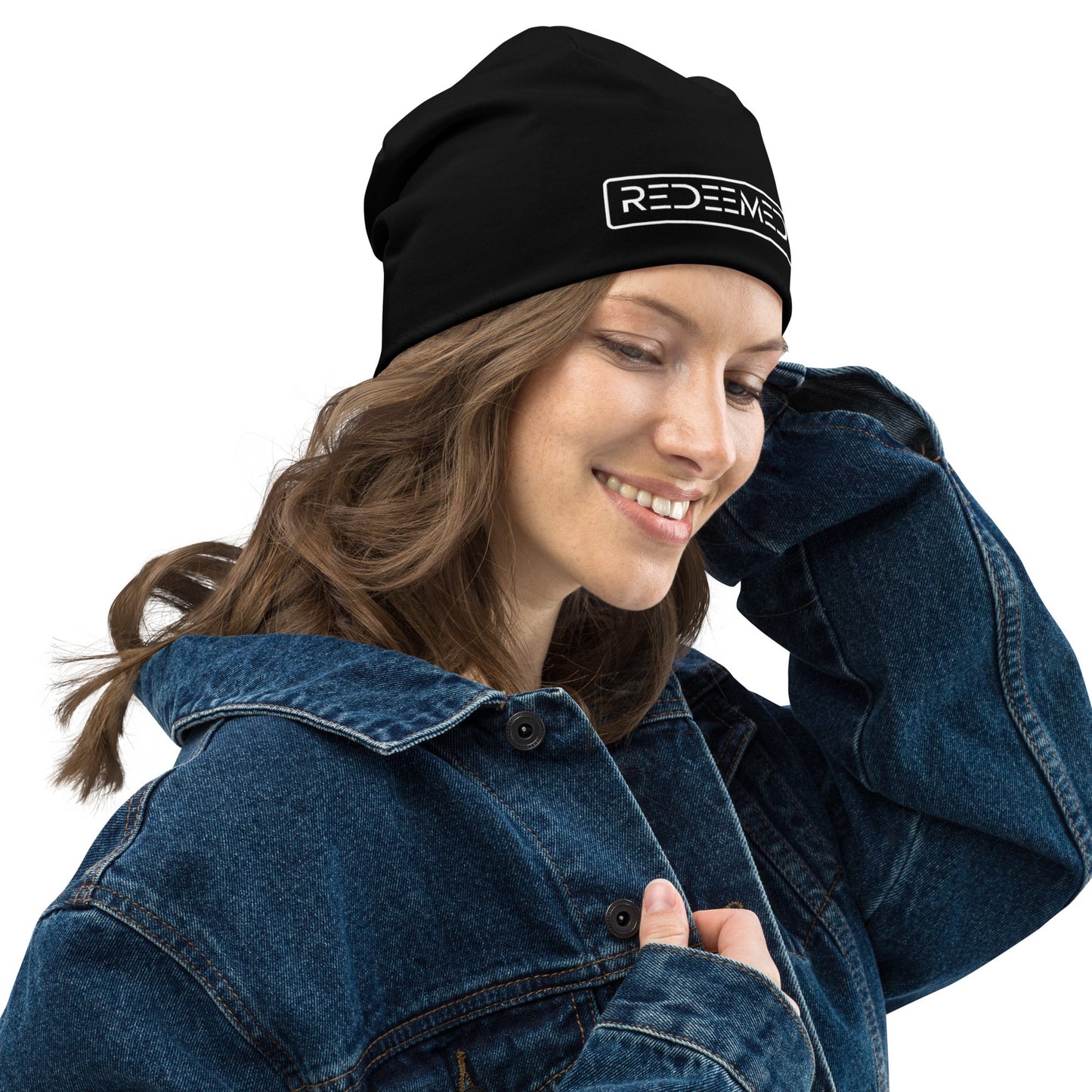 Beanie Hat - Black Slouchy Beanie Redeemed Print Men/Women Grey Coco