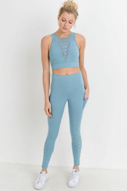 Highwaist Hybrid Mesh & Lattice Straps Full Pocket Leggings Blue Lelantos