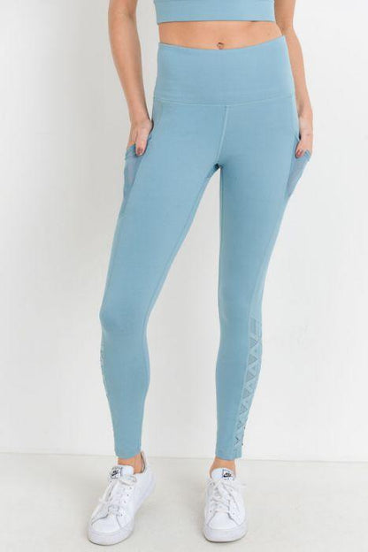 Highwaist Hybrid Mesh & Lattice Straps Full Pocket Leggings Blue Lelantos