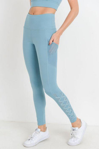 Highwaist Hybrid Mesh & Lattice Straps Full Pocket Leggings Blue Lelantos