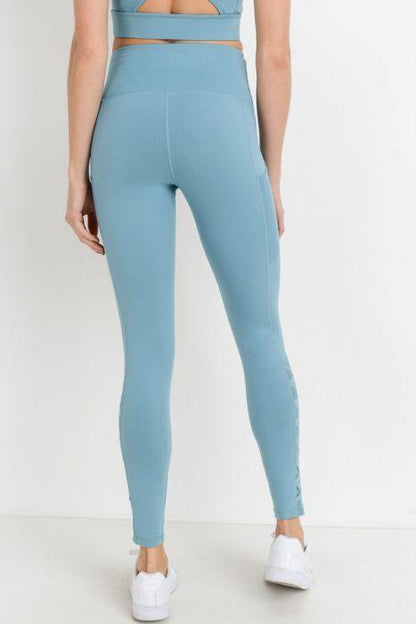 Highwaist Hybrid Mesh & Lattice Straps Full Pocket Leggings Blue Lelantos