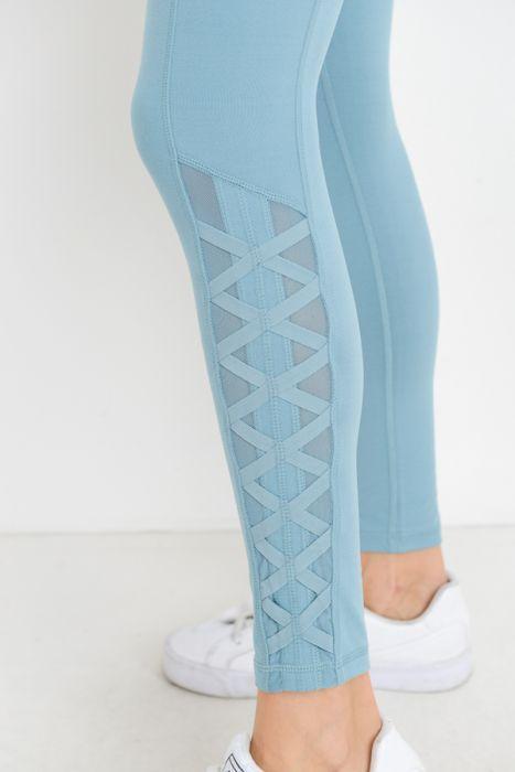 Highwaist Hybrid Mesh & Lattice Straps Full Pocket Leggings Blue Lelantos