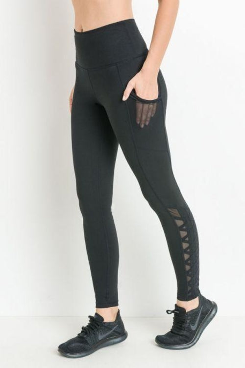 Highwaist Hybrid Mesh & Lattice Straps Full Pocket Leggings Blue Lelantos