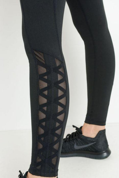 Highwaist Hybrid Mesh & Lattice Straps Full Pocket Leggings Blue Lelantos