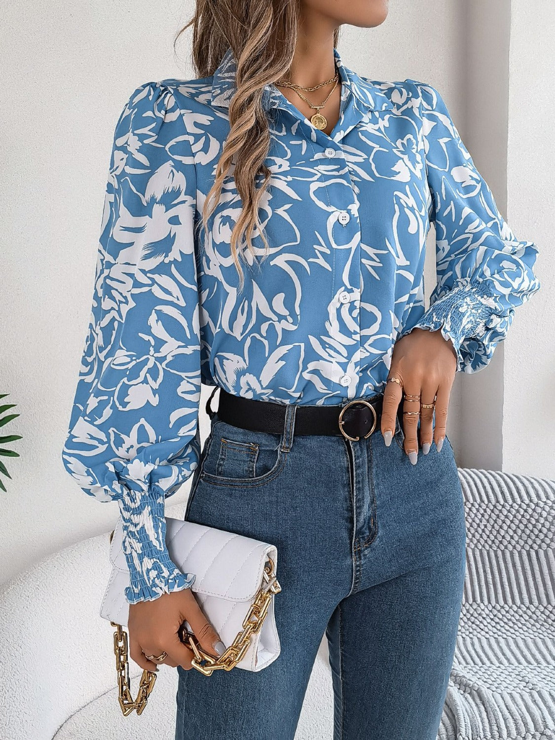 Printed Collared Neck Lantern Sleeve Shirt Trendsi