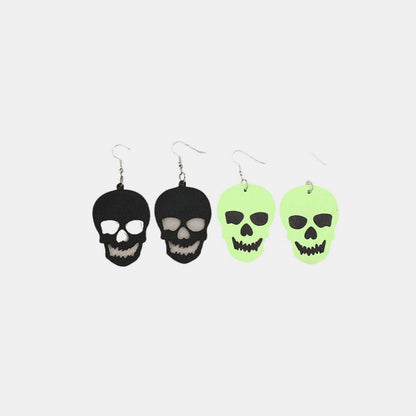 Unique 2-Pair PU Leather Skull Dangle Earrings in alloy and PU materials.