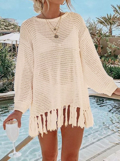 Angel Wings Openwork Tassel Hem Long Sleeve Knit Cover Up Trendsi