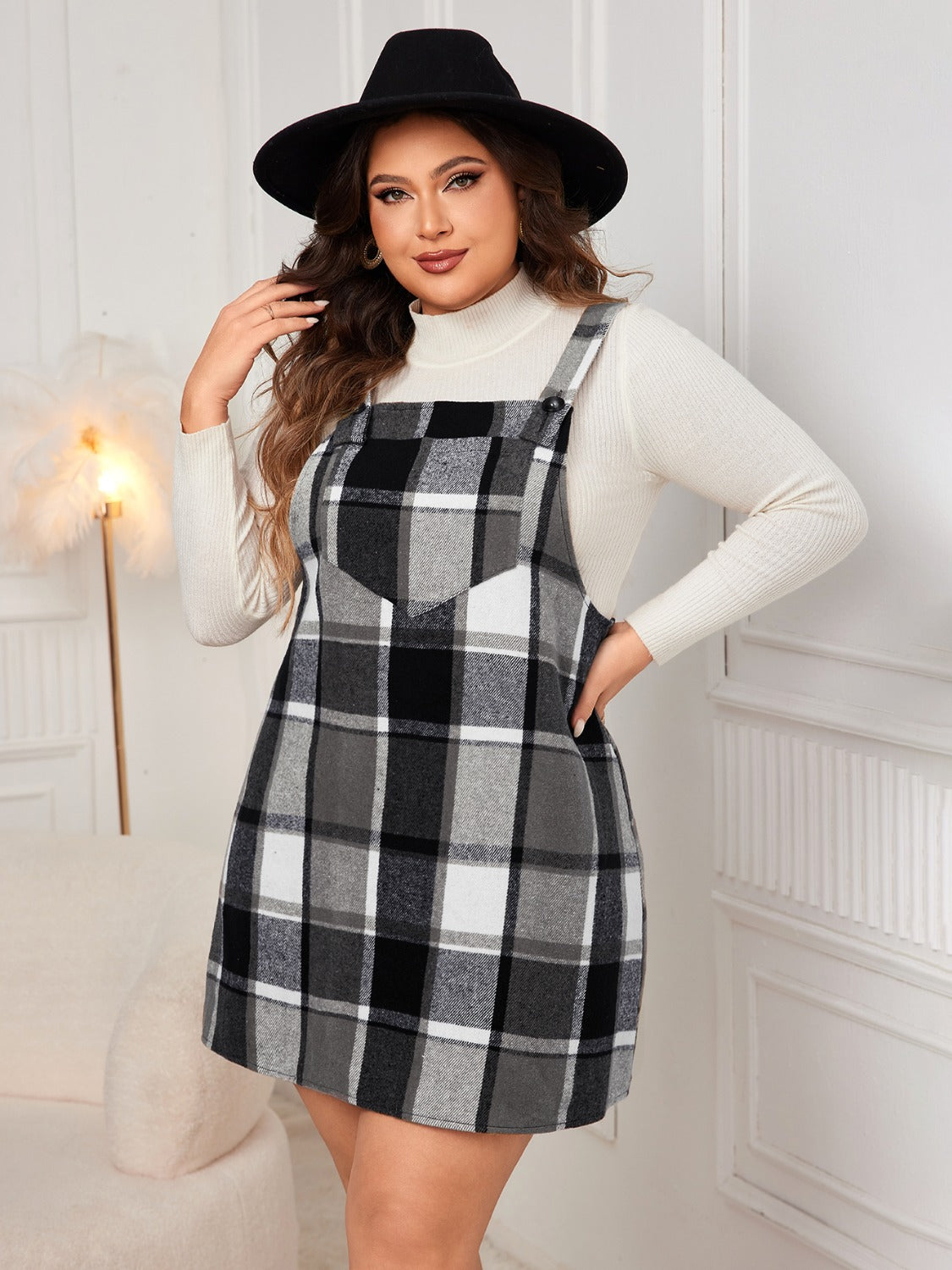 Honey Plus Size Plaid Wide Strap Overall Dress Trendsi