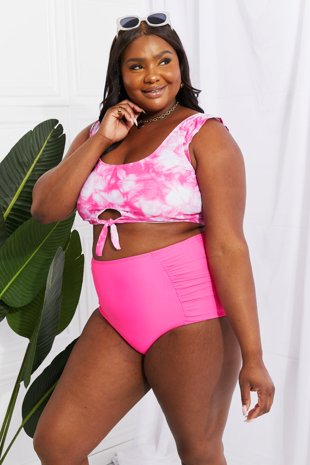 Marina West Swim Sanibel Crop Swim Top and Ruched Bottoms Set in Pink Trendsi