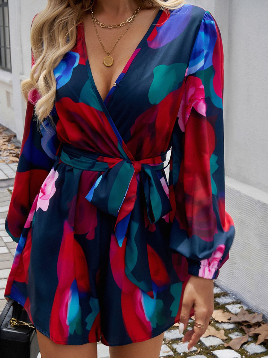 Devine Tied Surplice Long Sleeve Romper Trendsi