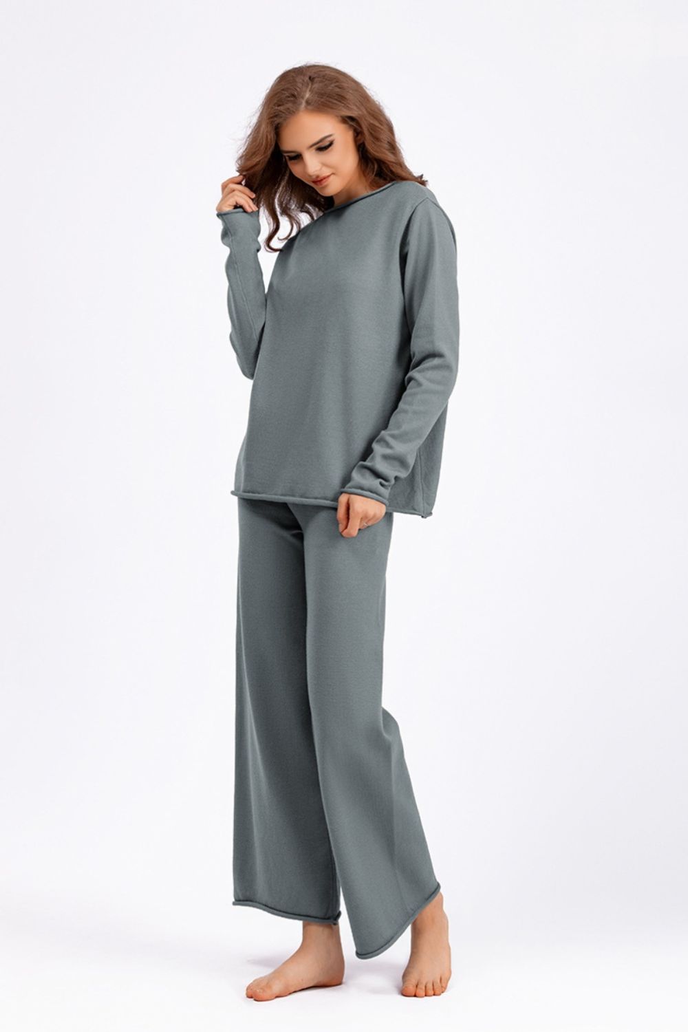 Basic Bae Rolled Round Neck Top and Pants Sweater Set Trendsi