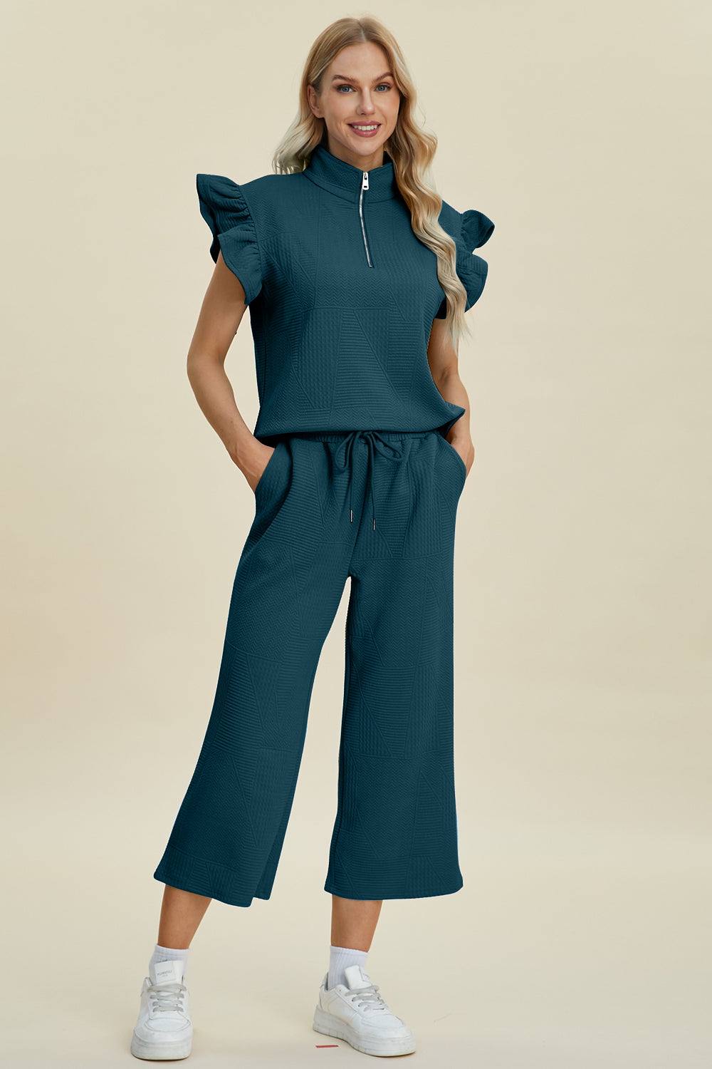 Double Take Full Size Texture Ruffle Short Sleeve Top and Wide Leg Pants Set Trendsi