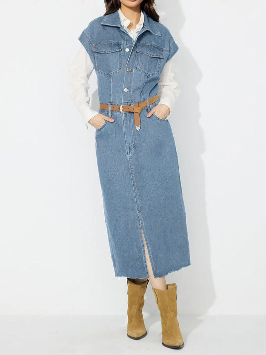 Slit Half Button Collared Neck Cap Sleeve Denim Dress Trendsi