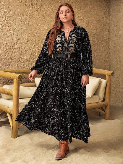 Plus Size Embroidered Polka Dot Notched Long Sleeve Dress Trendsi