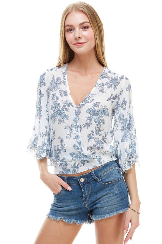 LONG SLEEVE SURPLICE FLORAL TOP Indigo Arrowwood