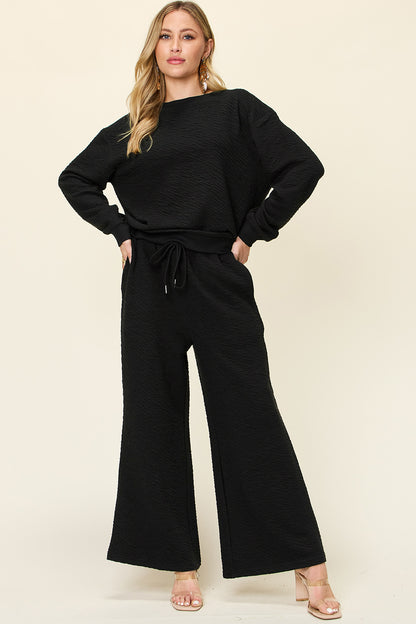 Double Take Full Size Texture Long Sleeve Top and Pants Set Trendsi