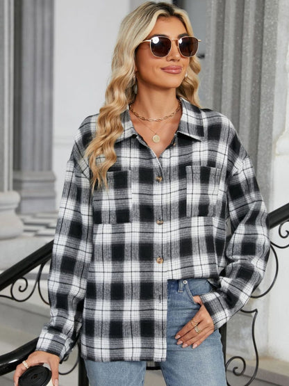 Plaid Collared Neck Long Sleeve Shirt Trendsi