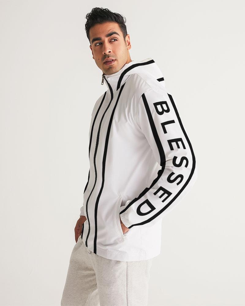 Mens Hooded Windbreaker - Blessed Sleeve Stripe White Water Resistant Grey Coco