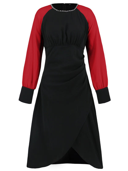 Ruched Contrast Long Sleeve Midi Dress Trendsi