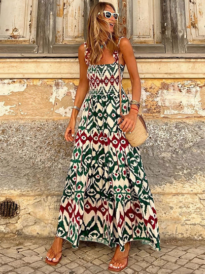 Smocked Printed Square Neck Sleeveless Dress Trendsi