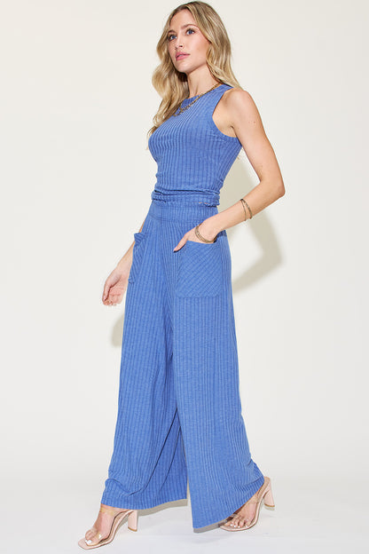 Basic Bae Full Size Ribbed Tank and Wide Leg Pants Set Trendsi