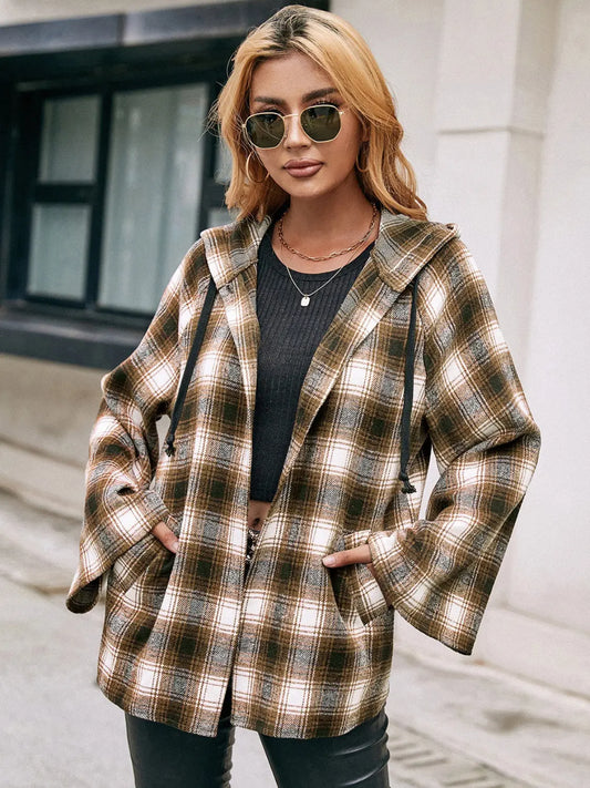 Ivy Lane Pocketed Plaid Long Sleeve Hooded Jacket Trendsi