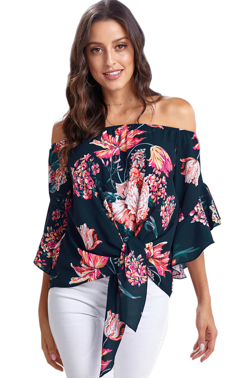 Navy Off Shoulder Floral Tie Front High Low Chiffon Blouse Teal Demeter