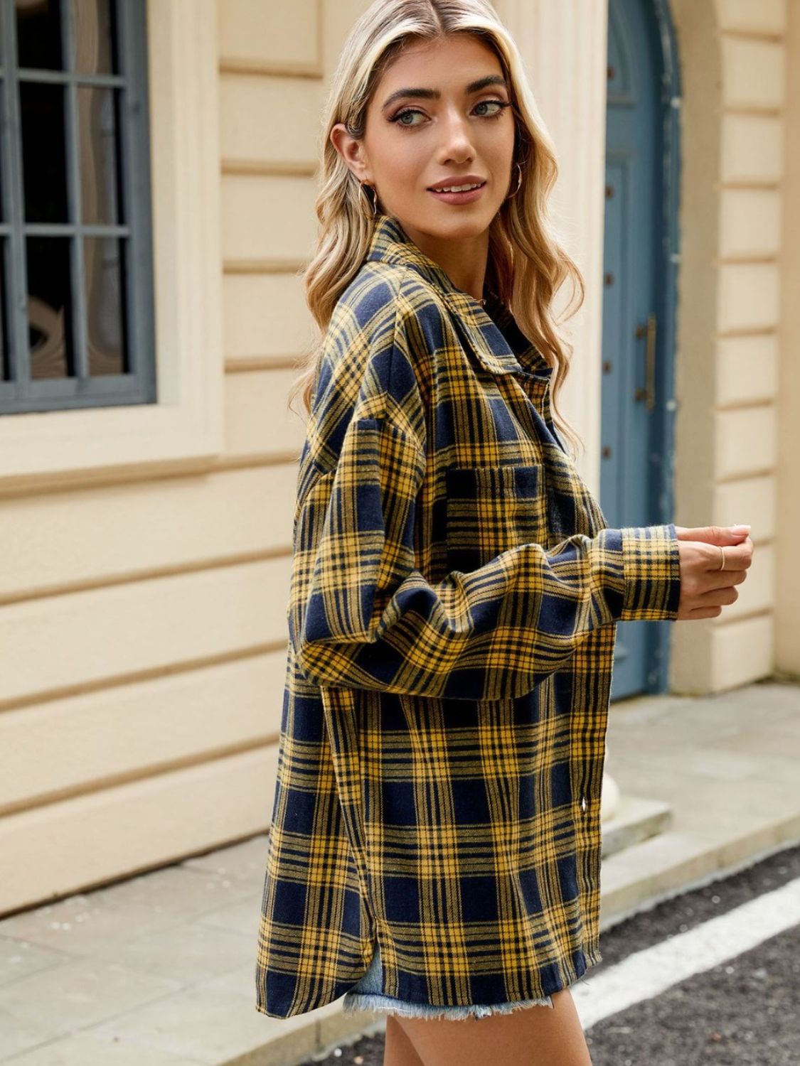 Plaid Collared Neck Long Sleeve Shirt Trendsi