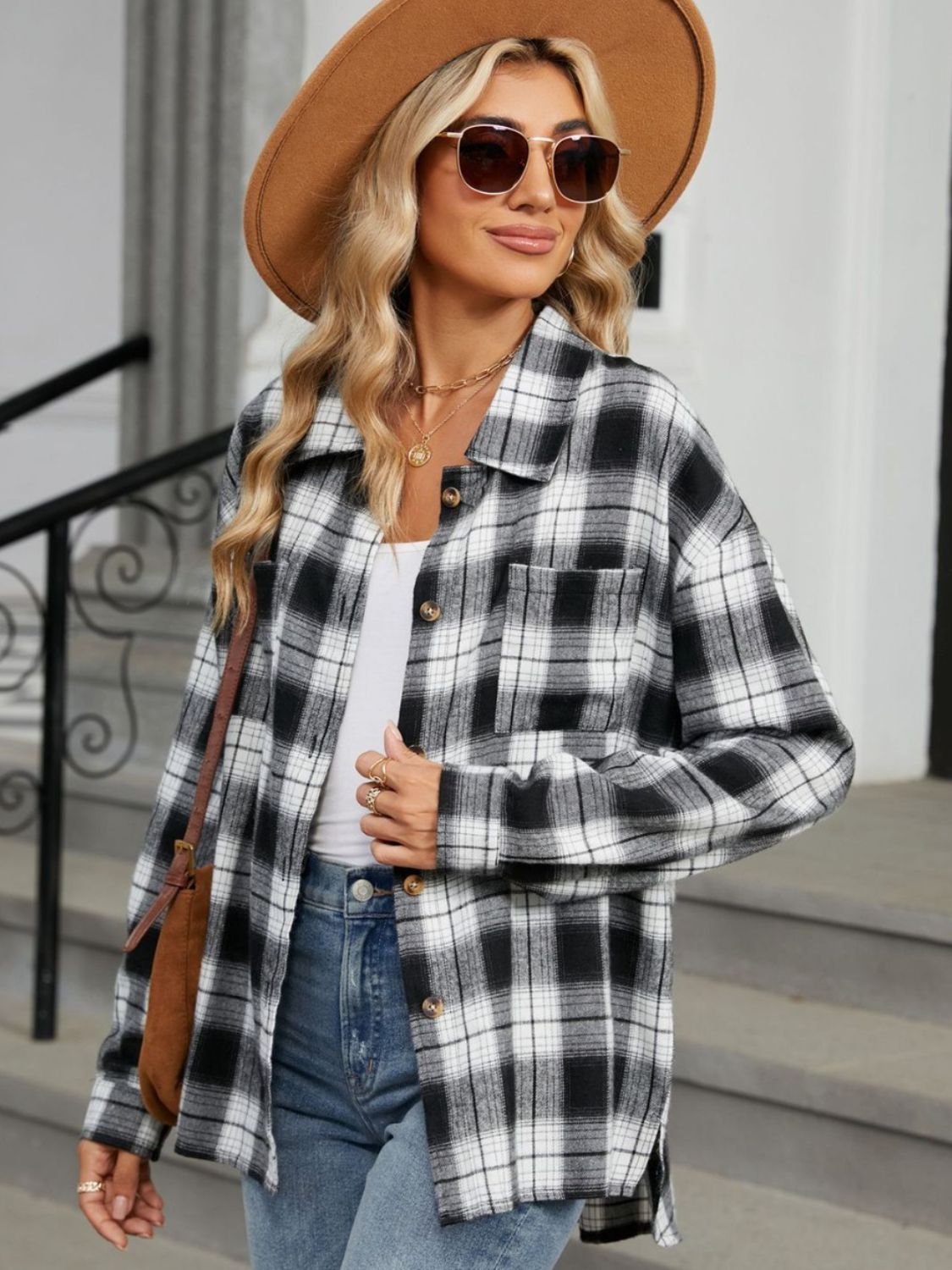 Plaid Collared Neck Long Sleeve Shirt Trendsi