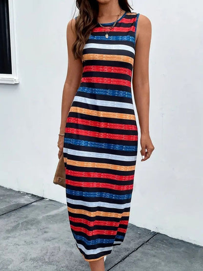 Slit Printed Round Neck Sleeveless Dress Trendsi