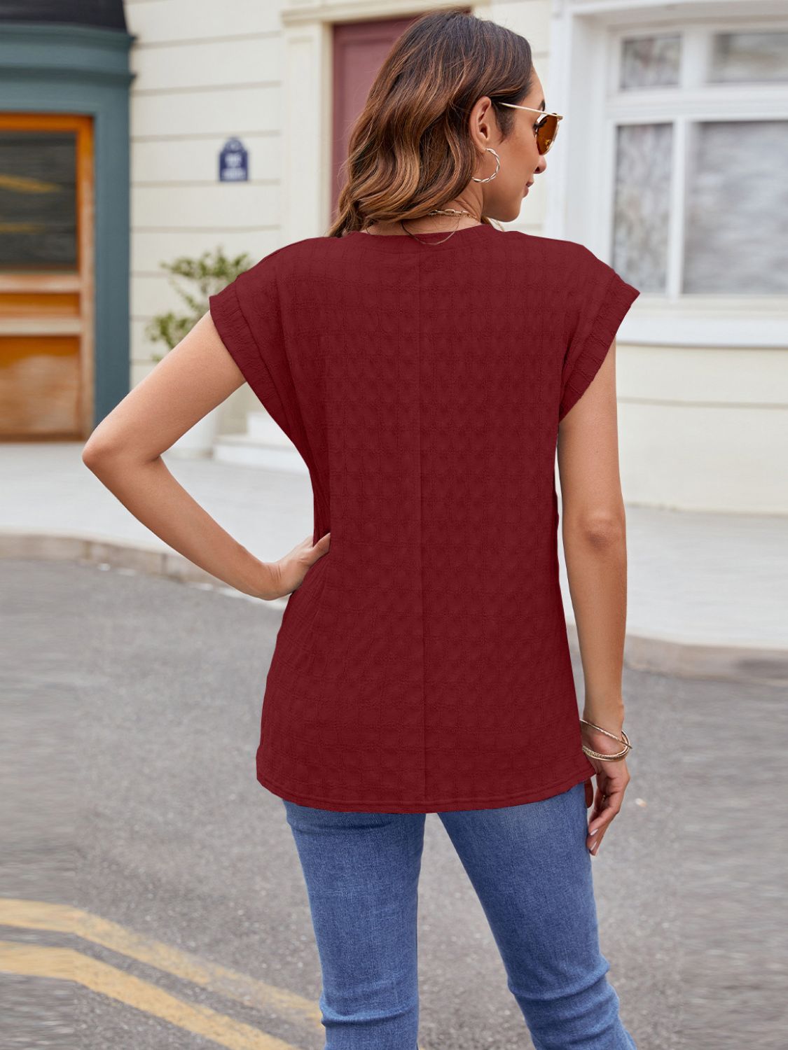 Textured Round Neck Cap Sleeve T-Shirt Trendsi