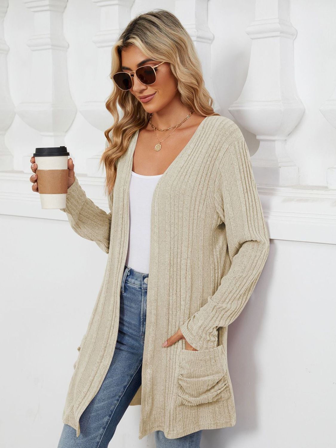 Pocketed Open Front Long Sleeve Cardigan Trendsi