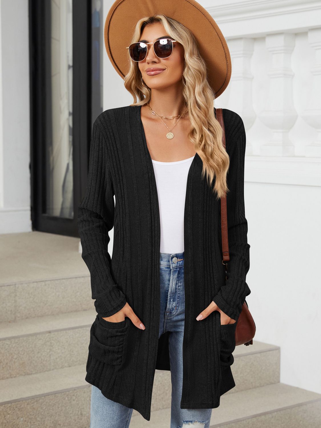 Pocketed Open Front Long Sleeve Cardigan Trendsi