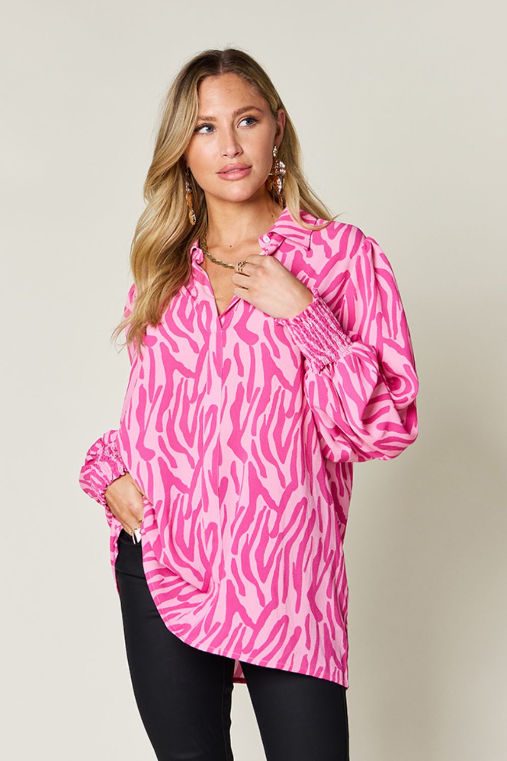 Double Take Full Size Printed Smocked Long Sleeve Blouse Trendsi