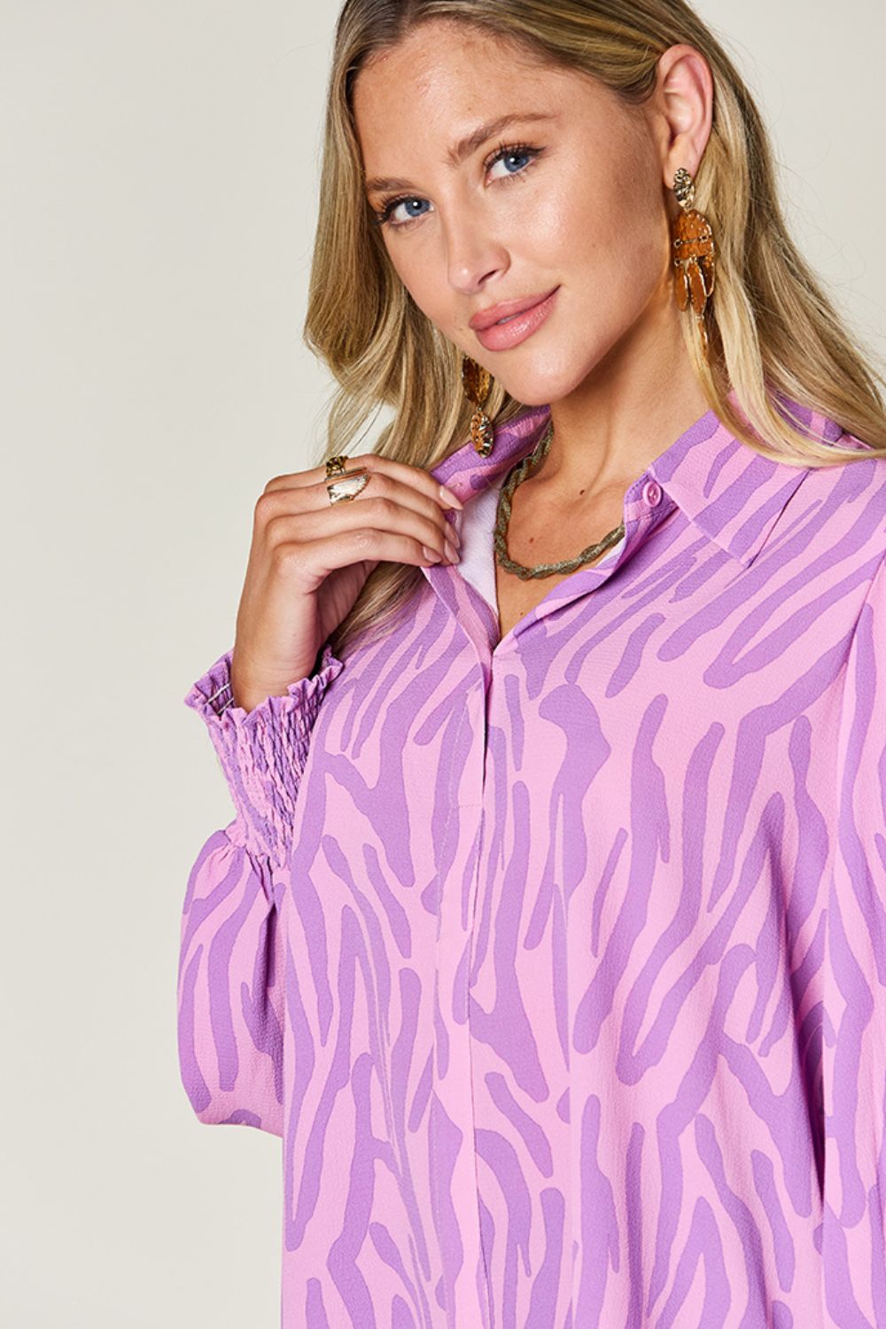 Double Take Full Size Printed Smocked Long Sleeve Blouse Trendsi