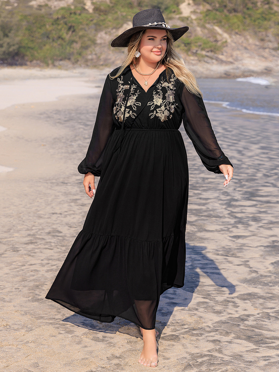 Plus Size Embroidered Tie Neck Long Sleeve Dress Trendsi