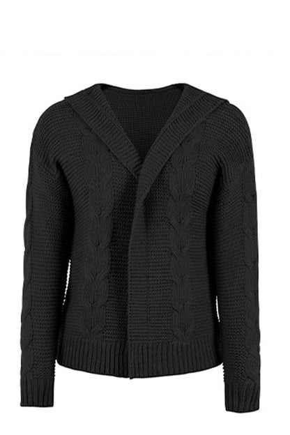 Cable-Knit Dropped Shoulder Hooded Cardigan in black with open-front design and cable-knit pattern.