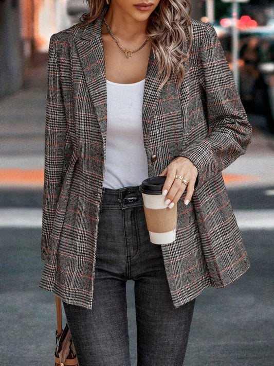 Plaid Button Up Lapel Collar Blazer Trendsi