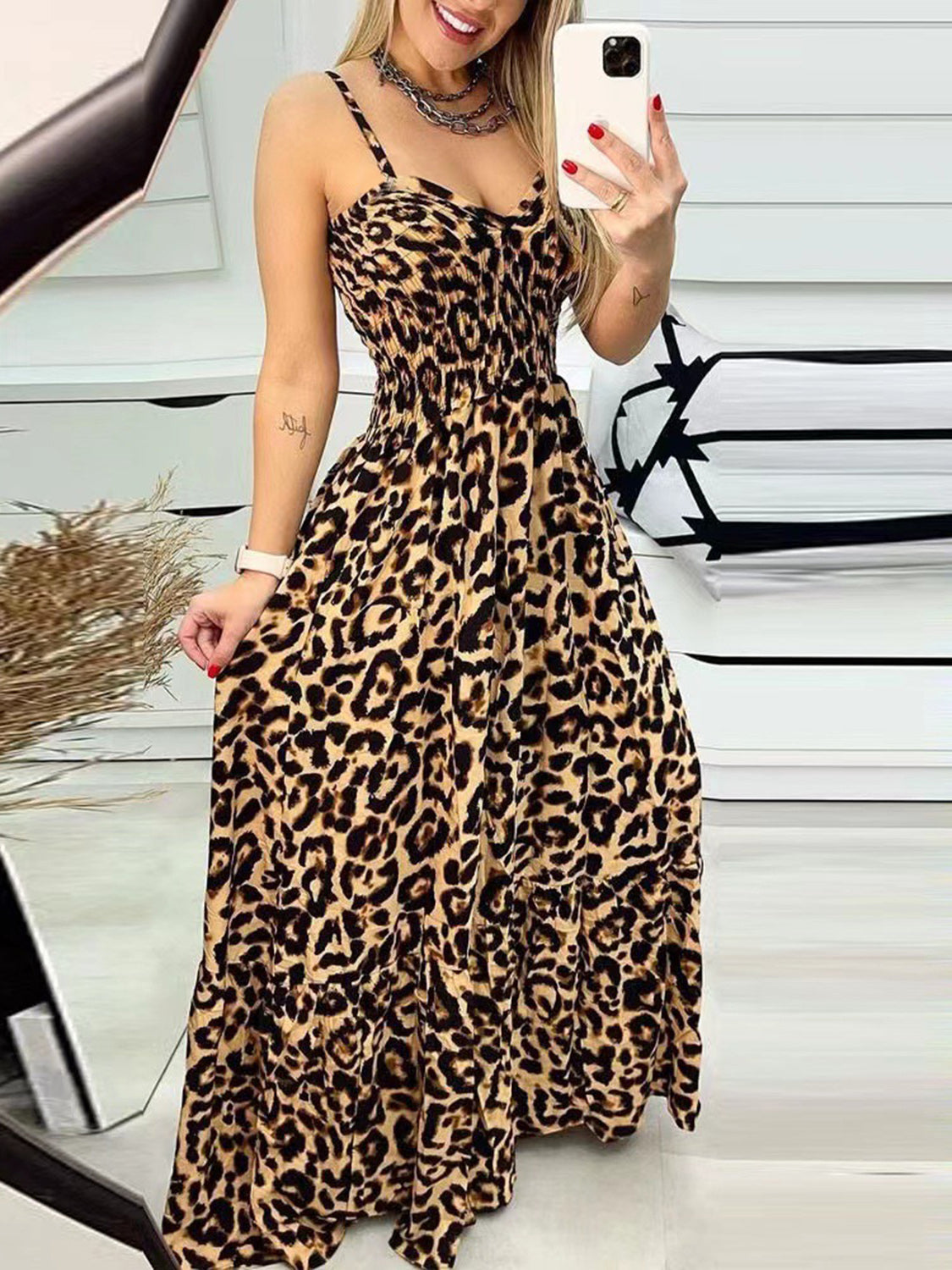 Leopard Sweetheart Neck Cami Dress Trendsi